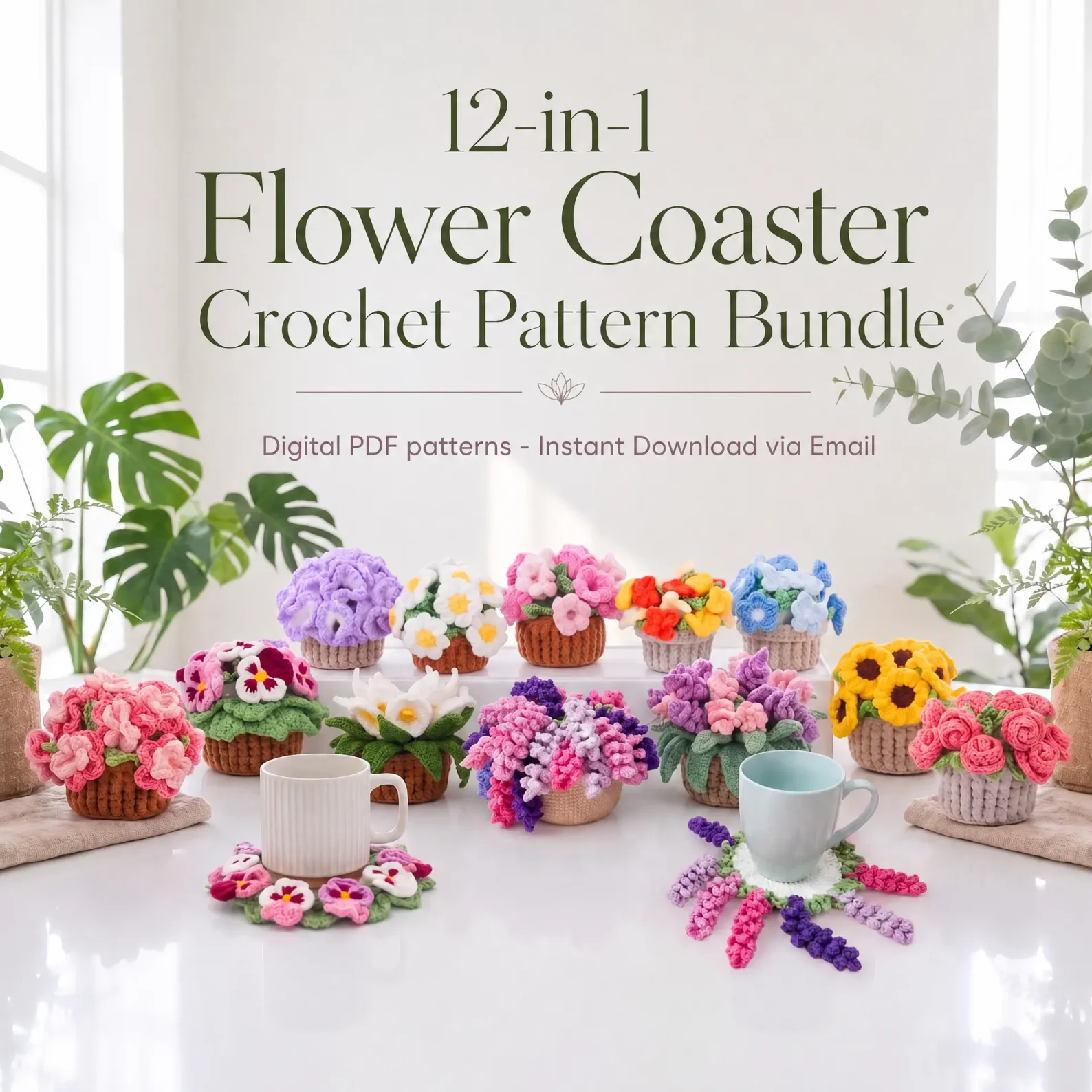12-in-1 Crochet Flower Coaster Pattern Bundle, Crochet Flower Pattern Home Decor